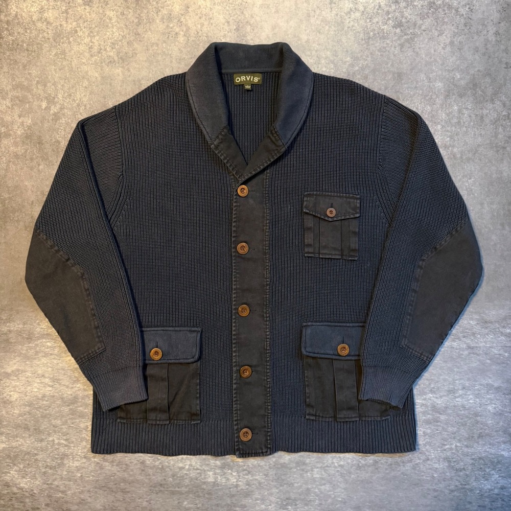 Orvis Hawker Shawl Collar Cardigan Sweater Men Large Navy Blue Twill Cargo Chore
